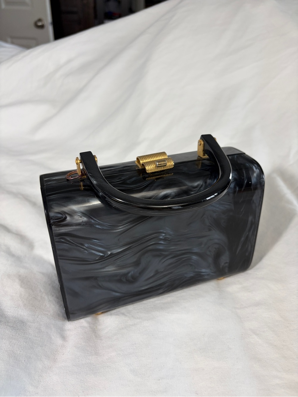 Vintage Black Swirl Acrylic Top-Handle Women's Bag with Gold Hardware